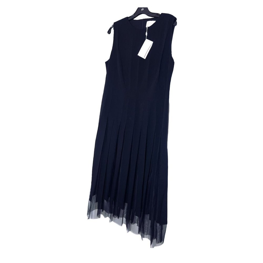 SOLD Hugo Boss Black Sleeveless Pleated Mesh Overlay Fit & Flare Midi Dress Sz - Picture 2 of 13